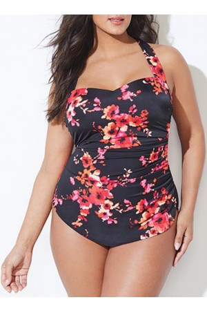 Chlorbeständiger Mohnblumen-Badeanzug mit H-Back-Sarong-Vorderseite