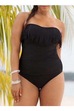Schwarzer Bandeau-Halter-Badeanzug mit Fransen
