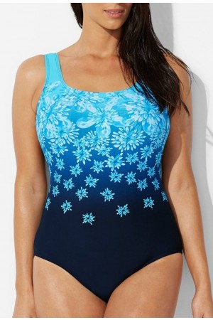 Blauer Tank-Badeanzug mit Blumenmuster und U-Ausschnitt