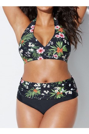 Schwarzes Bikini-Set mit Blumenmuster und V-Ausschnitt