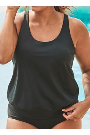 Schwarzes Racerback-Blouson-Tankini-Set mit U-Ausschnitt