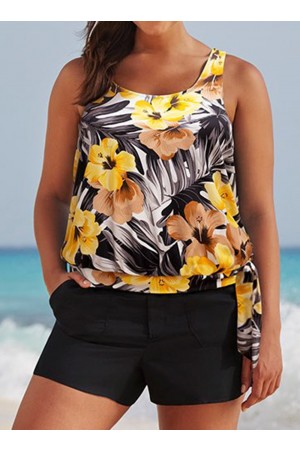 Blouson Tankini Set mit Blumenmuster und Seitenschnürung