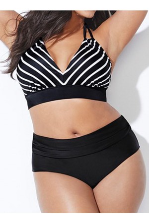 Schwarz gestreiftes Neckholder-Bikini-Set