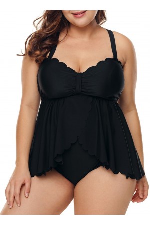 Schwarzes Schößchen-Tankini-Set mit herzförmigem Ausschnitt