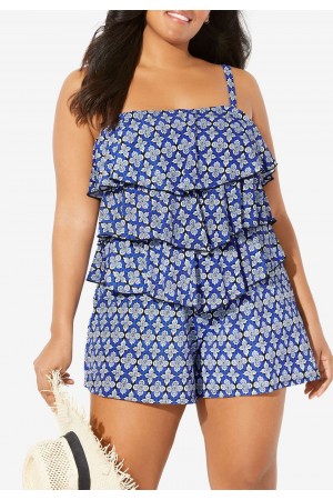 Dreistufiges Bandeau-Tankini-Set in Medaillonblau