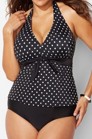 Schwarzes Neckholder-Tankini-Set mit Tupfen