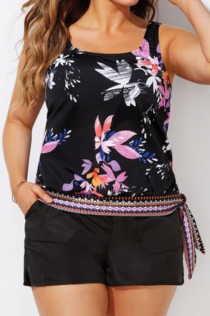 Schwarzes Blouson-Tankini-Set mit Seitenbindung und Blumenmuster