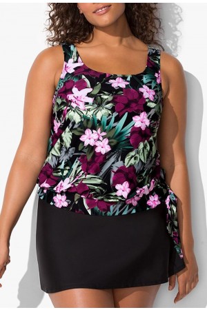 Blouson-Tankini-Oberteil mit seitlichem Blumenmuster und Rock