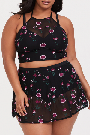 Schwarzes, hochgeschlossenes Bikini-Set aus geblümtem Mesh