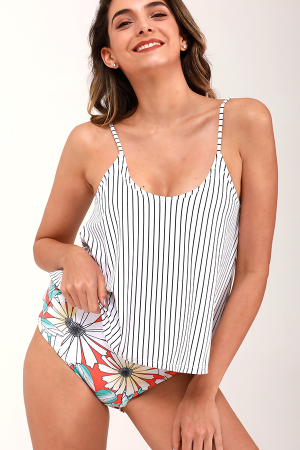 Gestreiftes Tankini-Oberteil mit Blumendruck unten
