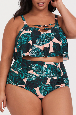 Bikini-Set mit Volant-Overlay und Riemchenmuster mit Blattmuster