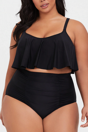 Schwarzes Bikini-Set mit Volant-Overlay und U-Ausschnitt