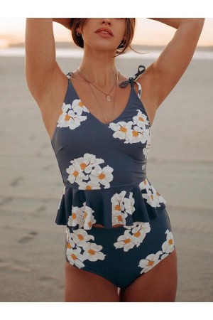 Gerüschtes Tankini-Set mit Blumendruck zum Binden