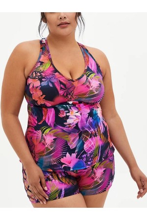 Racerback-Tankini-Set mit U-Ausschnitt und Blattdruck