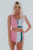 Pink Colorblock Buttoned Scoop Neck Bikini Set