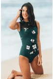 Deep Green Orchid Print One Piece Swimsuit
